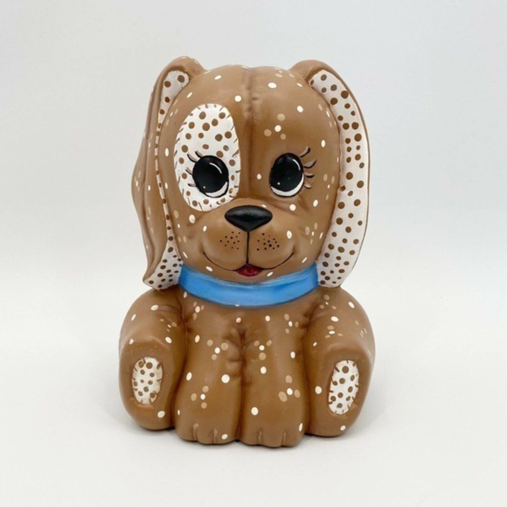 Vintage 80s Bank Puppy Piggy Money Coin Ceramic Hand Painted Polka Dots 1987
